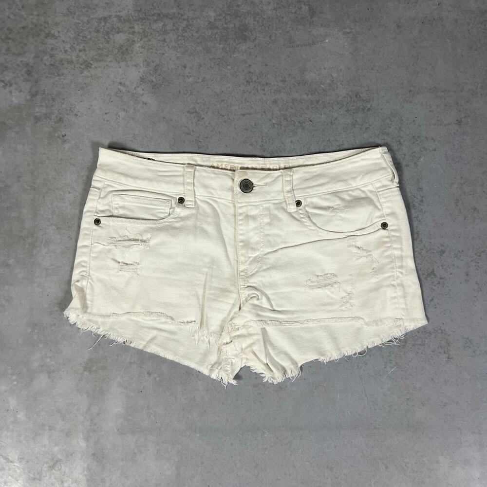 American Eagle Low Rise Women's Distressed Denim White Shorts Stretch Size 10